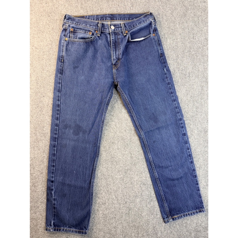 Levis 505 Regular Fit Mens 34x30 Blue Denim Jeans Straight Leg Workwear Stained